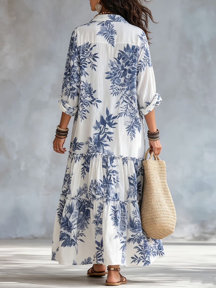 SELMA | BOHEMIAN BLUE FLORAL BUTTON-DOWN MAXI DRESS