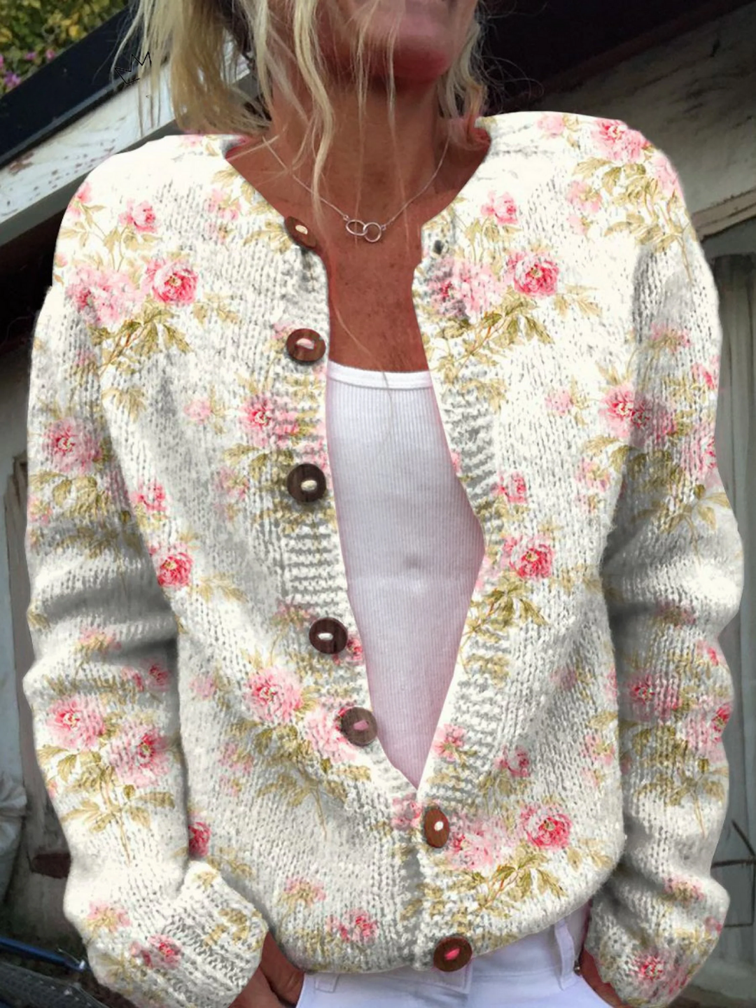 Flowers &amp; Leaves Print Buttoned Cardigan