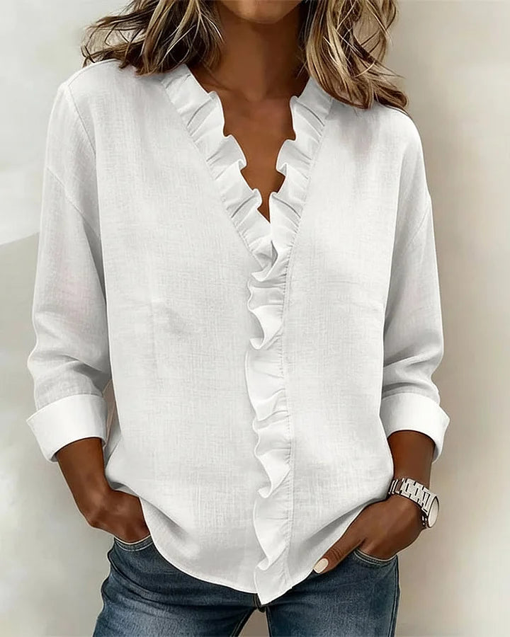 VELMA | BLOUSE WITH RUFFLES &amp; V-NECK
