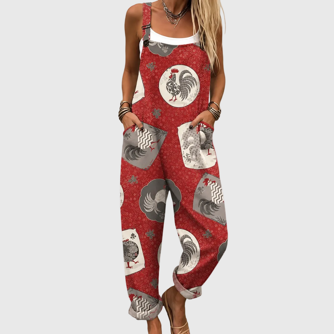 ELIZA | RELAXED OVERALLS WITH VINTAGE ROOSTER PRINT