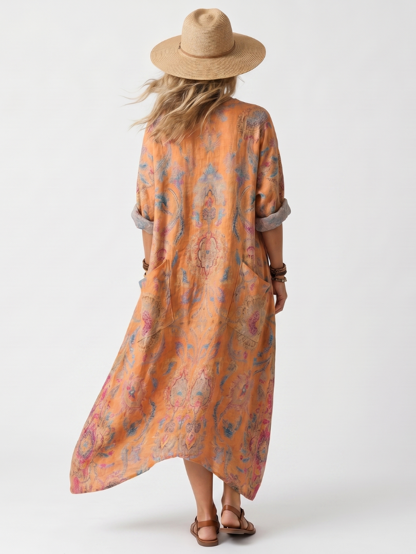 CLARIE | V-NECK PRINTED OVERSIZED POCKET MIDI DRESS
