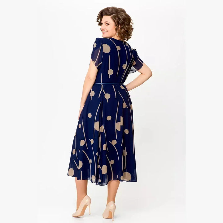 CARESSA | NAVY POLKA DOT PRINT CHIFFON-STYLE MIDI DRESS