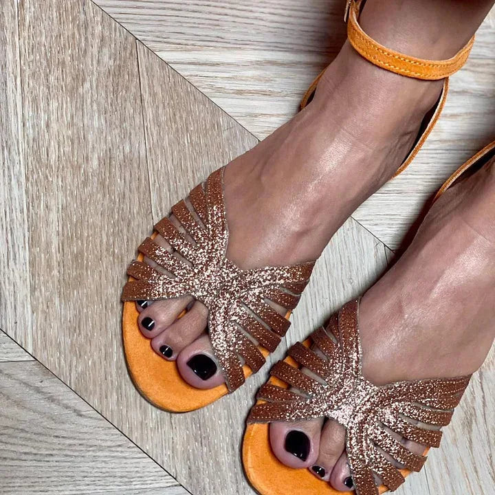CAROLINE | FLAT ANKLE STRAP SANDALS IN ORANGE