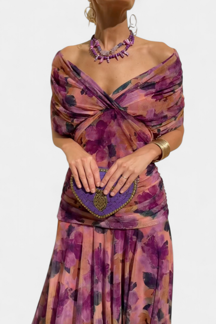 SHARICE | LONG FLORAL DRESS WITH V-NECK