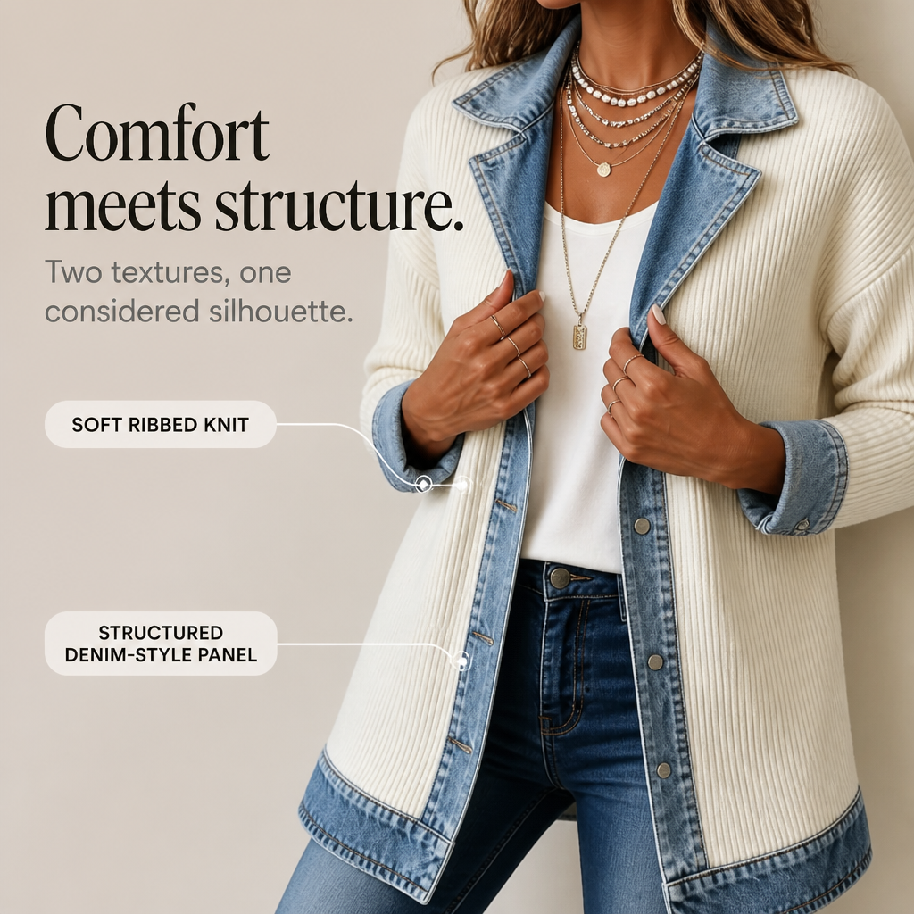 VERINA | RIBBED COAT WITH DENIM-STYLE TRIM
