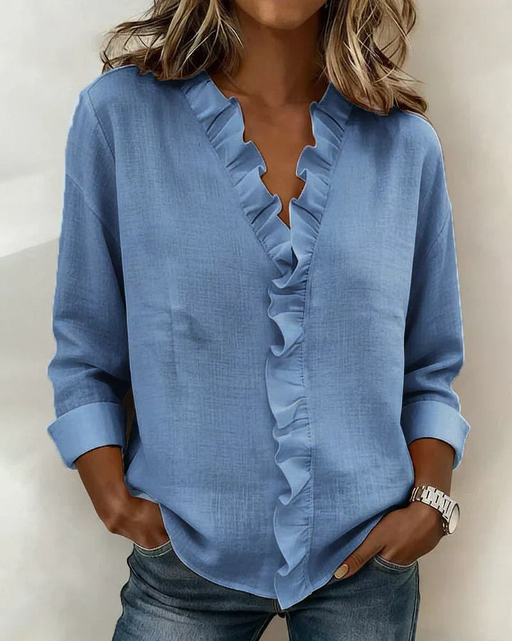 VELMA | BLOUSE WITH RUFFLES &amp; V-NECK